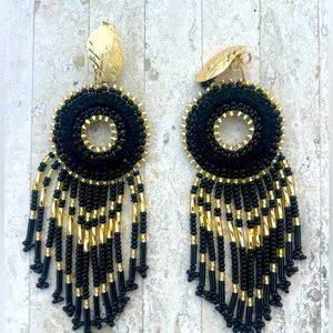 Handmade Colombian black Beaded Statement Earrings - Light Weight!